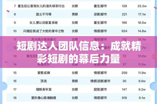 短剧达人团队信息：成就精彩短剧的幕后力量